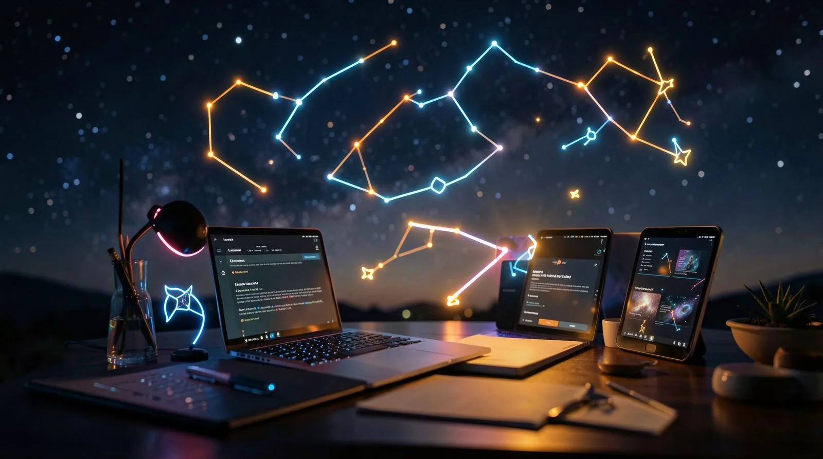 Night sky with glowing zodiac constellations