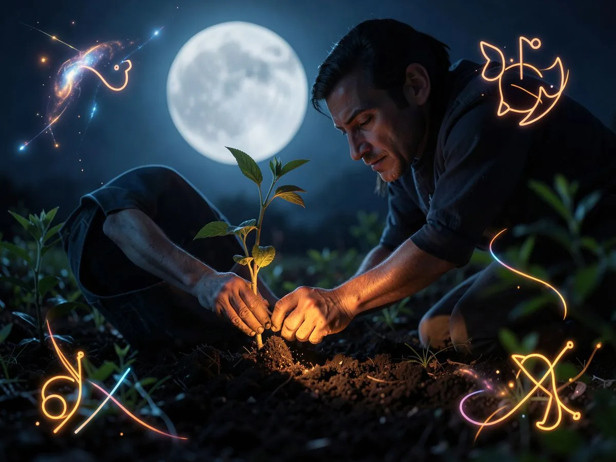Gardener planting seeds by moonlight